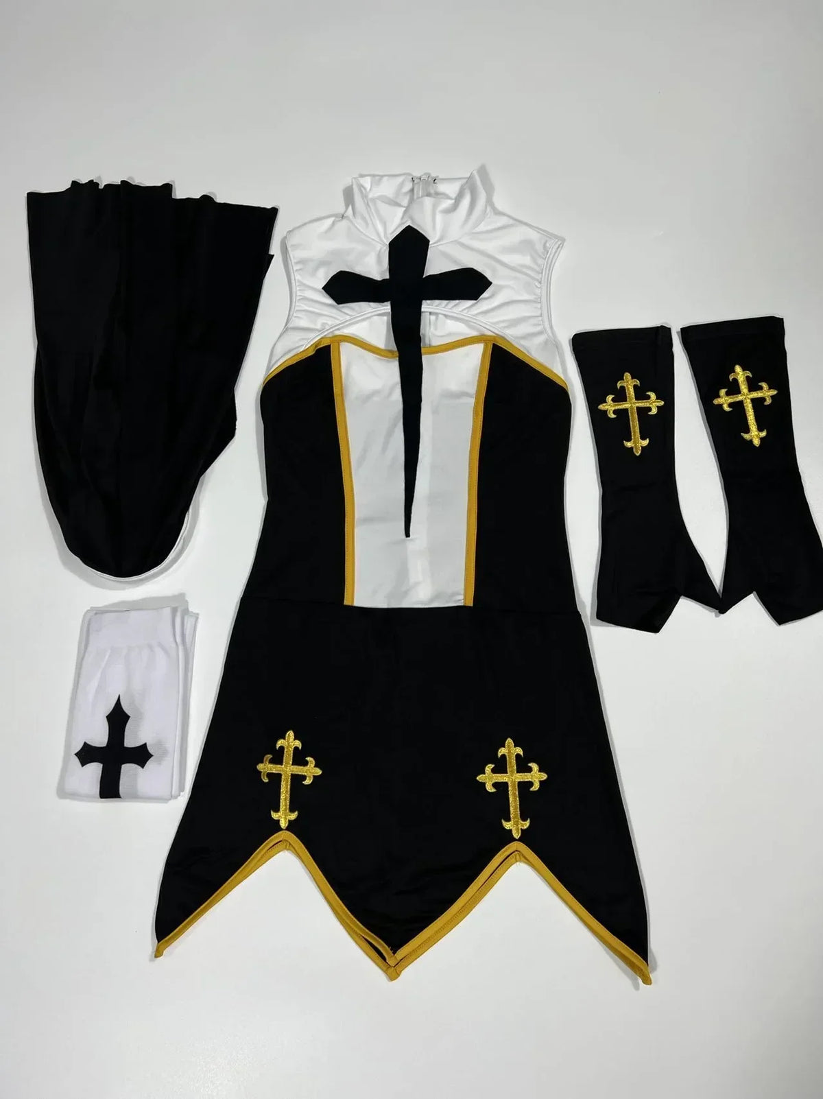 Theatrical Habit-Inspired Mini Dress with Striking Cross Embellishments and Coordinated Headpiece