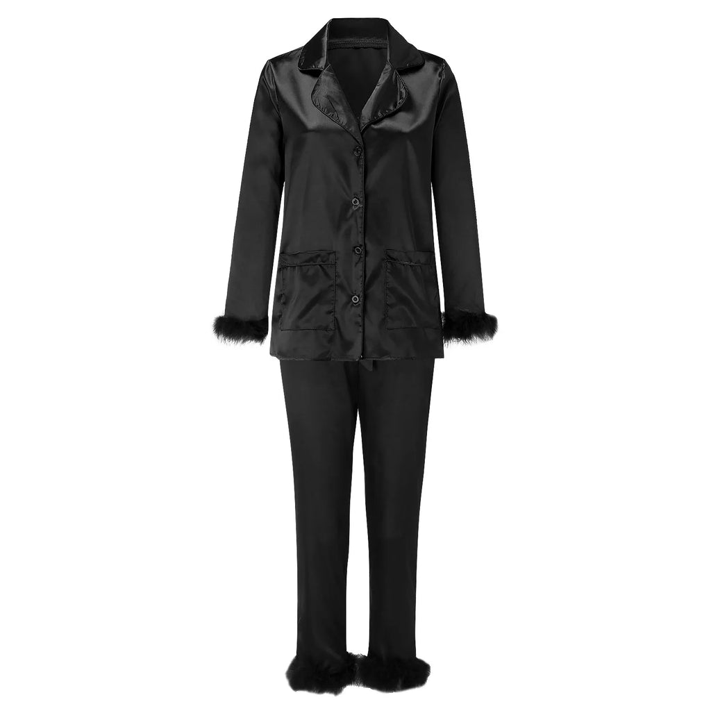 Luxurious Two-Piece Button-Down Pajama Set with Dramatic Feather Trim Accents