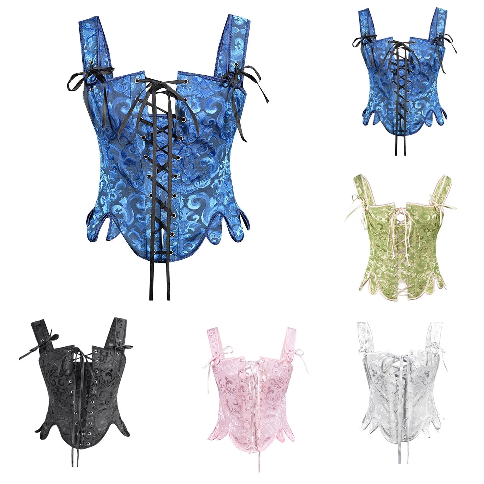 Jacquard Lace-Up Corset Vest with Structured Panels and Vintage-Inspired Design