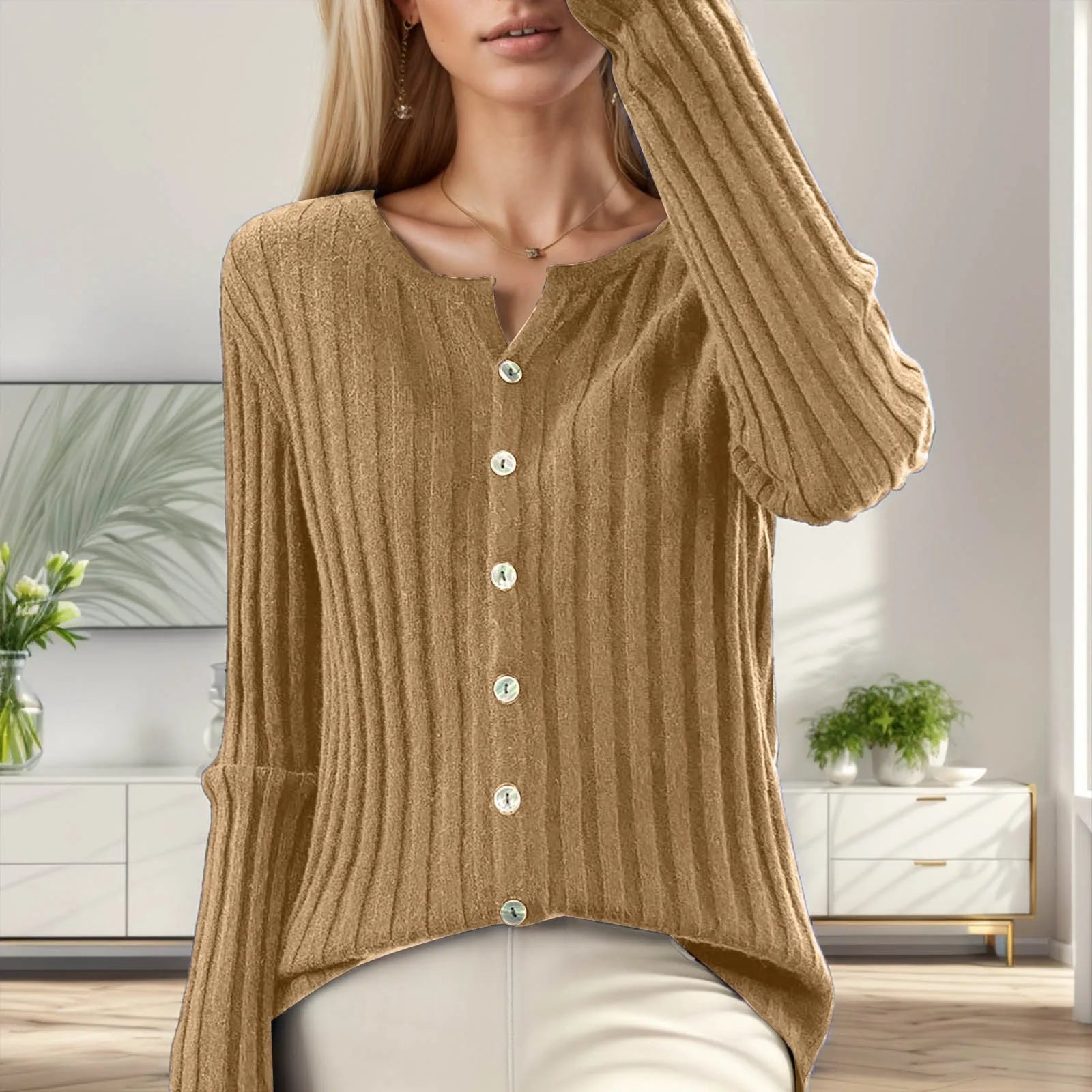 Women's Ribbed Button Front Relaxed Knit Contemporary Sweater Cardigan Top