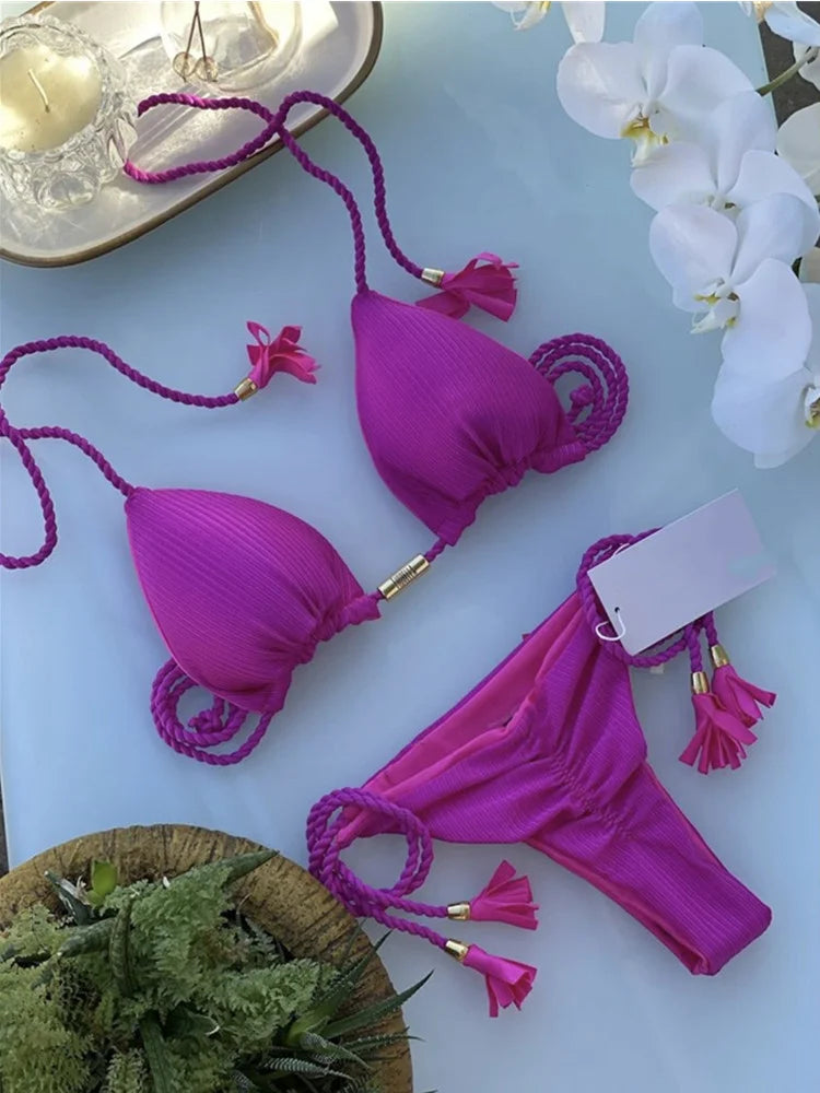 Soft Periwinkle Triangle Bikini Set with Two-Tone Twisted Rope and Tassel Details