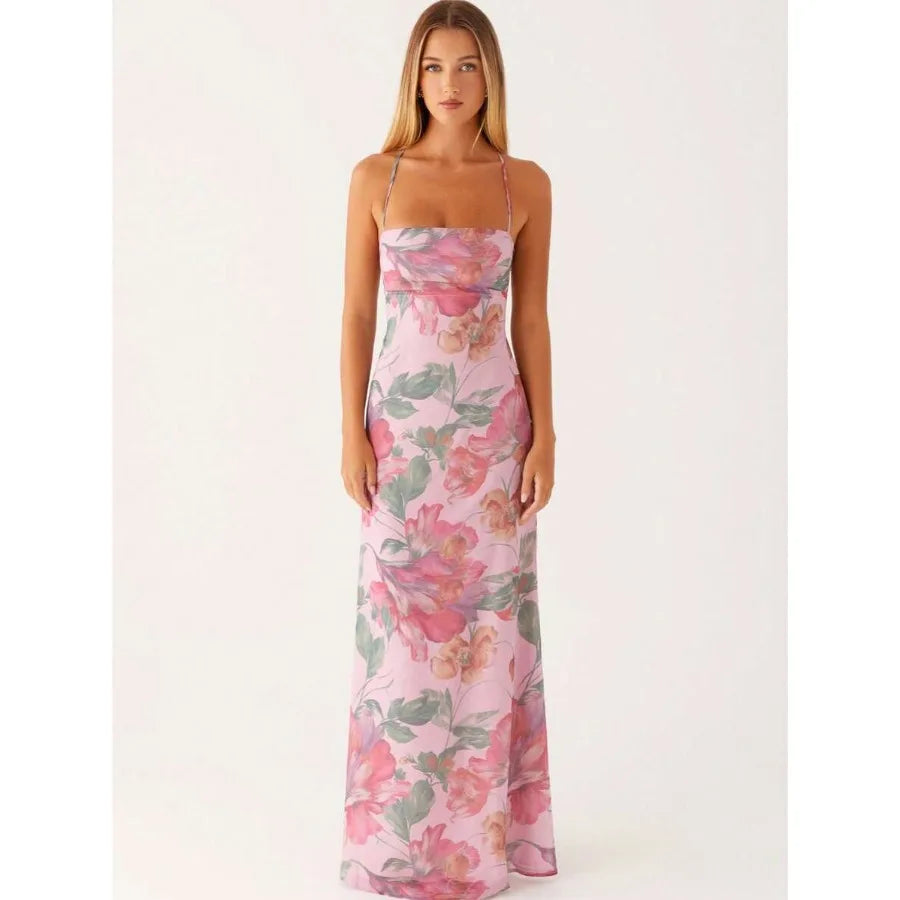 Floral Print Cami Maxi Dress With Straight Neck Silhouette