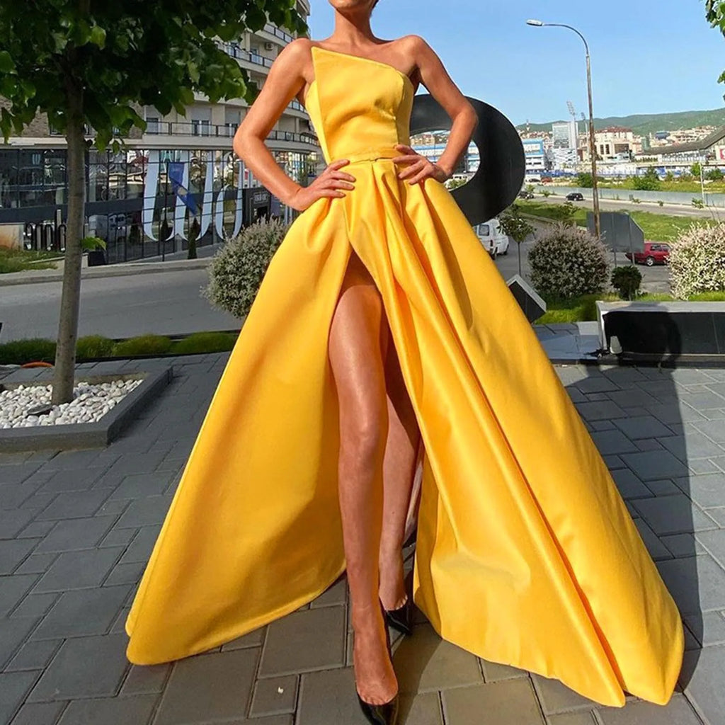 One Shoulder Satin-Inspired Maxi Dress with High Slit and Draped Detail