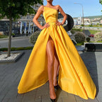 One Shoulder Satin-Inspired Maxi Dress with High Slit and Draped Detail