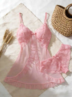 Deep Red Satin-Finish Chemise with Lace Neckline and Matching Ruffled Panty