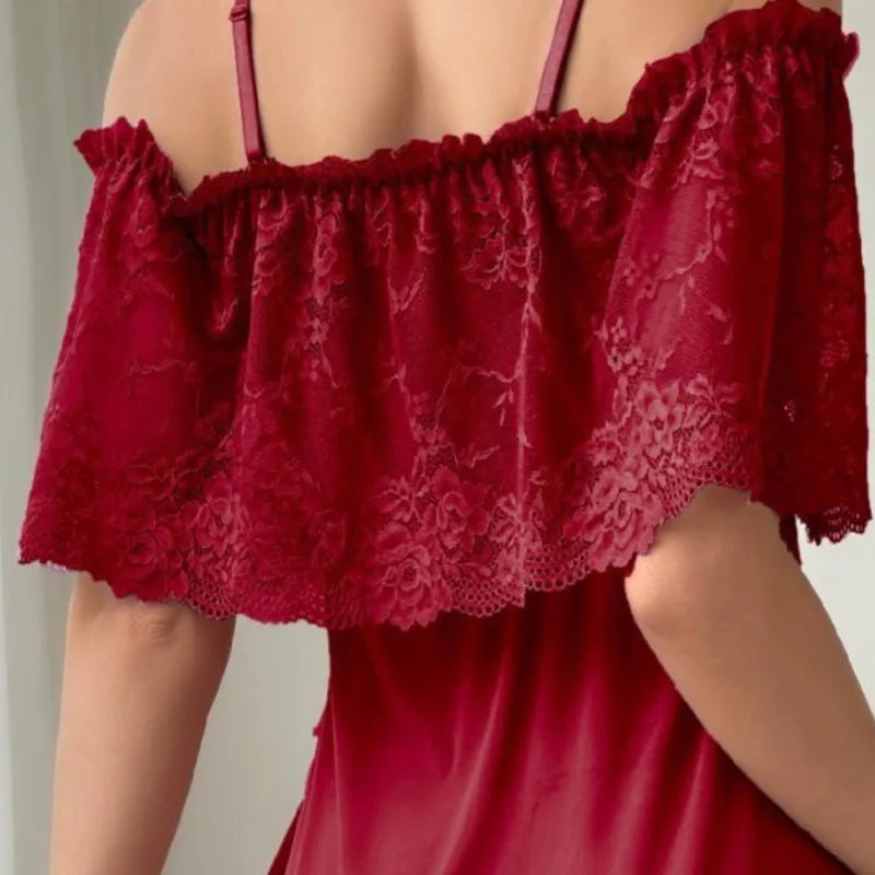 Ethereal Mauve Mesh Nightgown with Cold-Shoulder Sleeves and Ruffled Slit