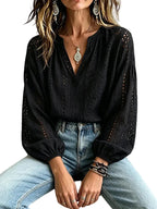 Elegant Eyelet Embroidery V-Neck Blouse with Voluminous Balloon Sleeves