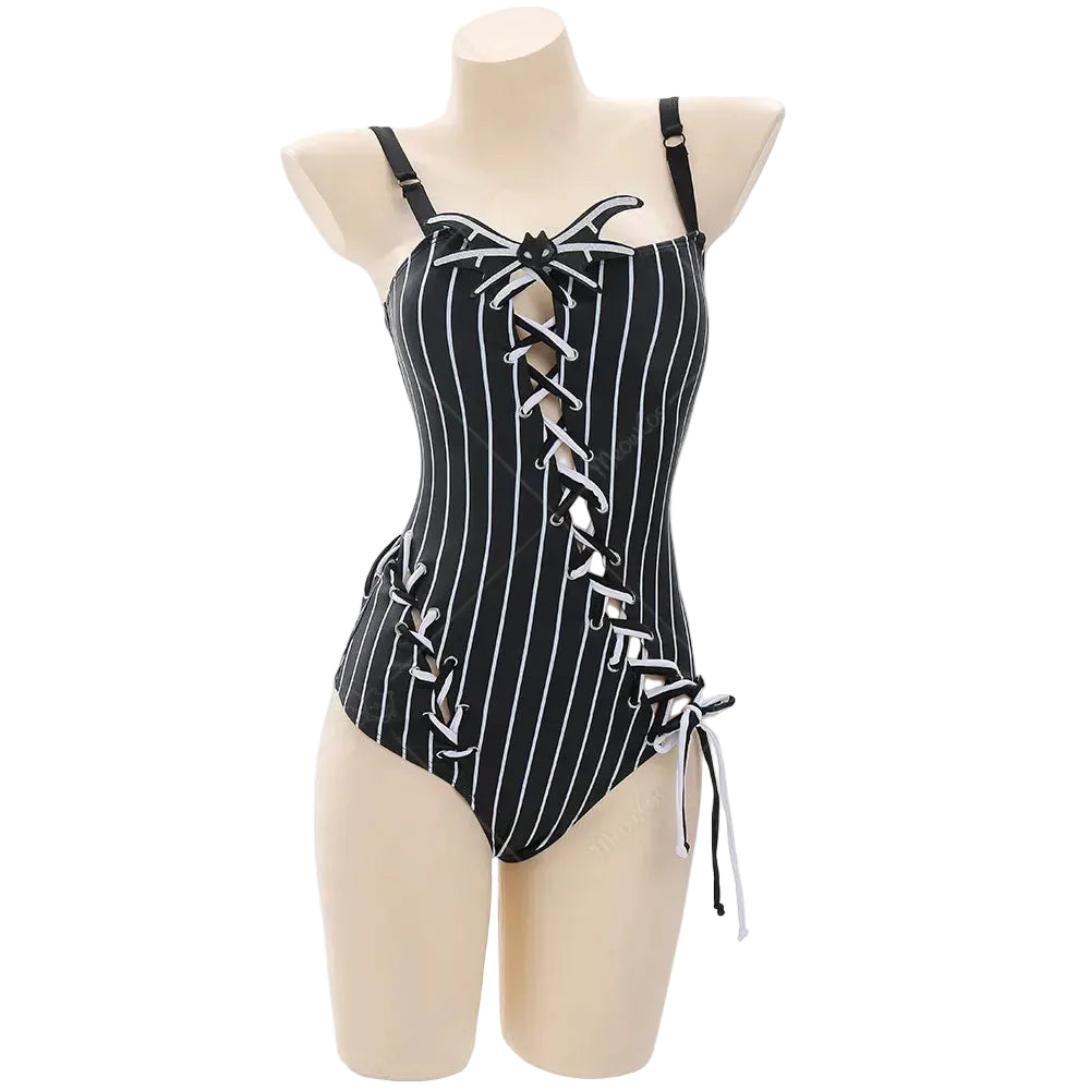 Women's Striped One Piece Swimsuit with Adjustable Shoulder Straps and Matching Choker Accessory