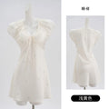 Elegant Silvery Satin-Finish Lounge Dress with Short Puff Sleeves and Tie-Front Bodice