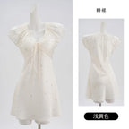 Elegant Silvery Satin-Finish Lounge Dress with Short Puff Sleeves and Tie-Front Bodice