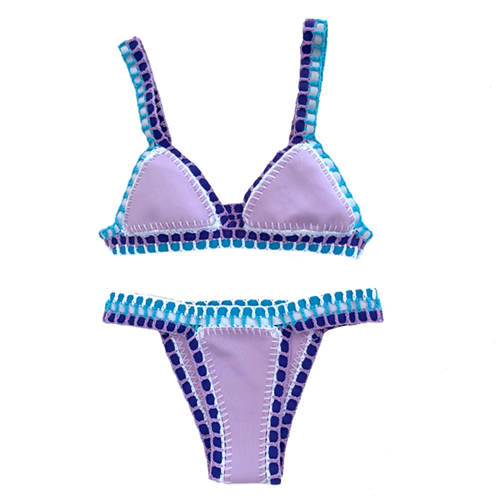 Deep Emerald Green Crochet Bikini Set with Multi-Color Woven Edging