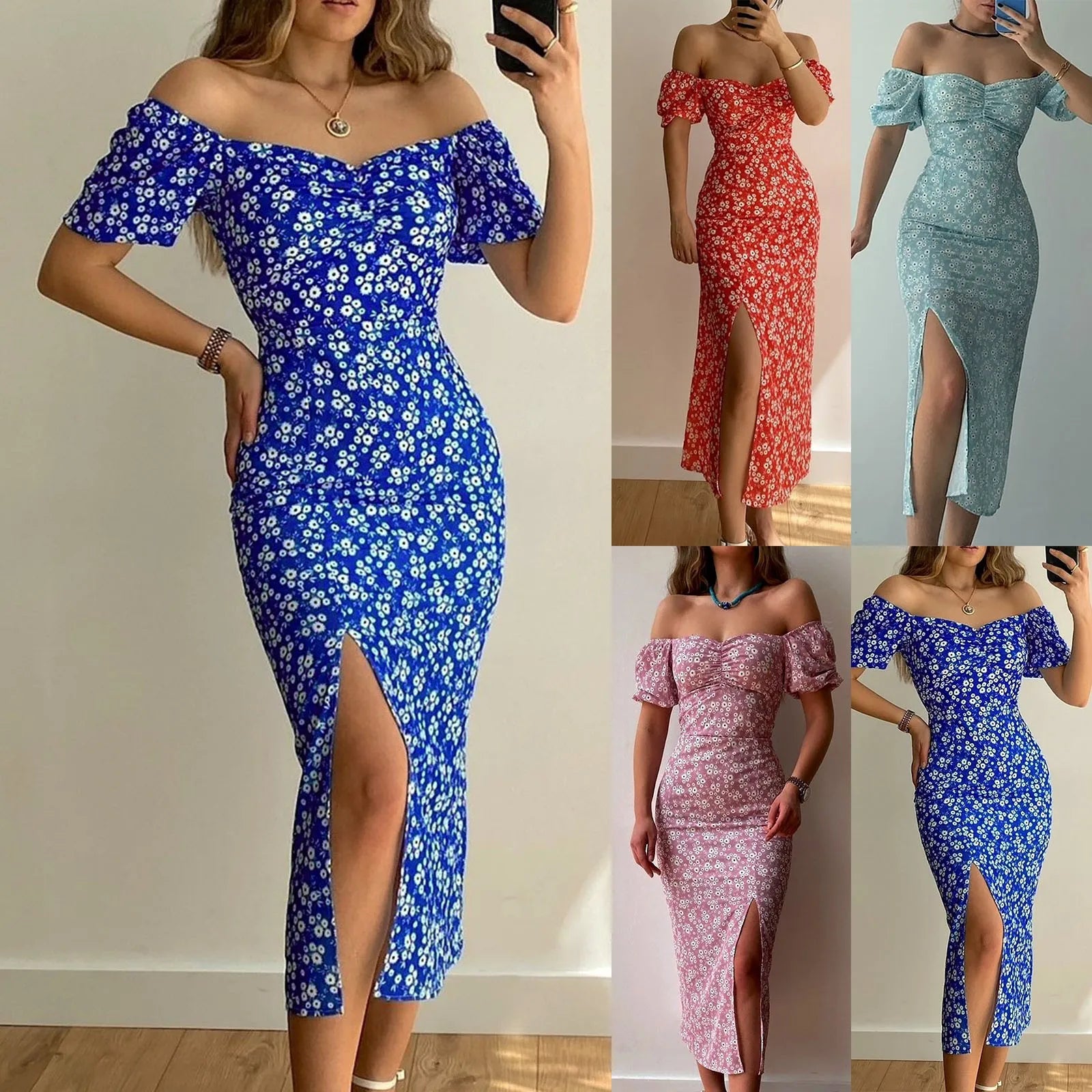 Off Shoulder Floral Maxi Dress with Side Slit and Bodycon Silhouette
