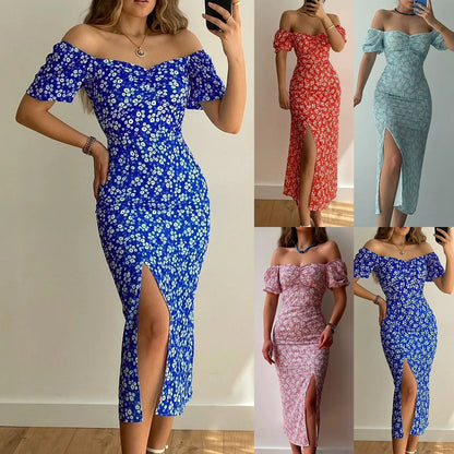 Off Shoulder Floral Maxi Dress with Side Slit and Bodycon Silhouette