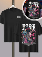 Oni Mask Anime Oversized Back Print Washed Streetwear Cotton T-Shirt