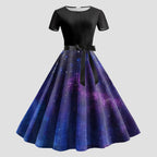 Cosmic Galaxy Print A-Line Swing Dress with Black Bodice and Waist Tie