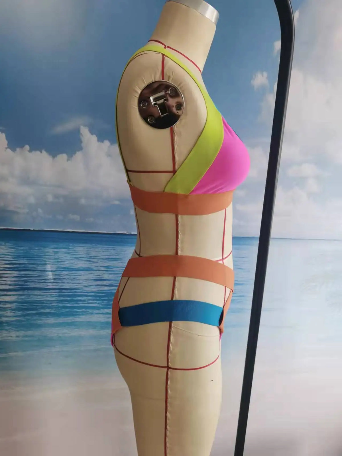 Vibrant Color-Block Bikini Set with Criss-Cross Strappy High-Waist Bottoms
