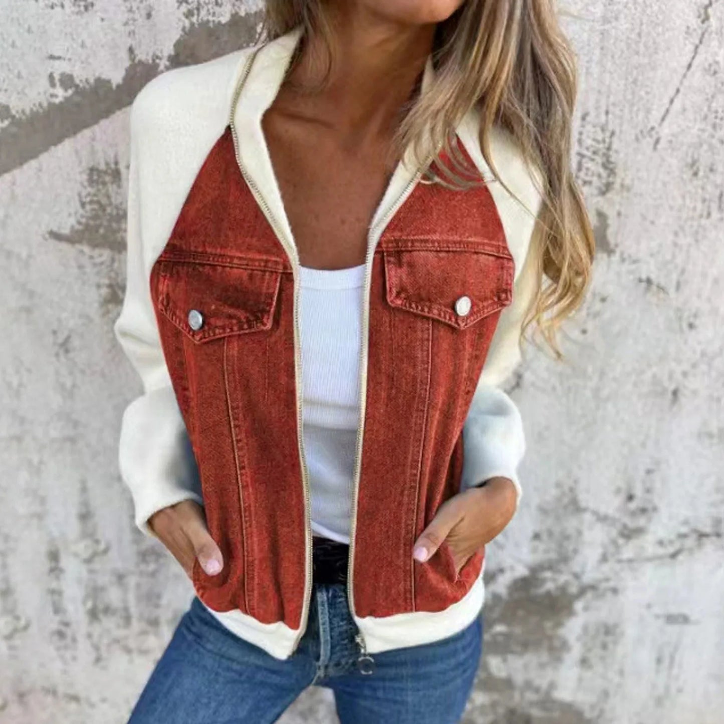 Women's Patchwork Denim Contrast Sleeve Button-Up Casual Streetwear Jacket