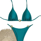 Rich Teal Triangle Bikini with Delicate Metallic Ring Details