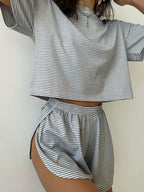 Women's Striped Knit Lounge Co-Ord Set Relaxed Top and Shorts Outfit