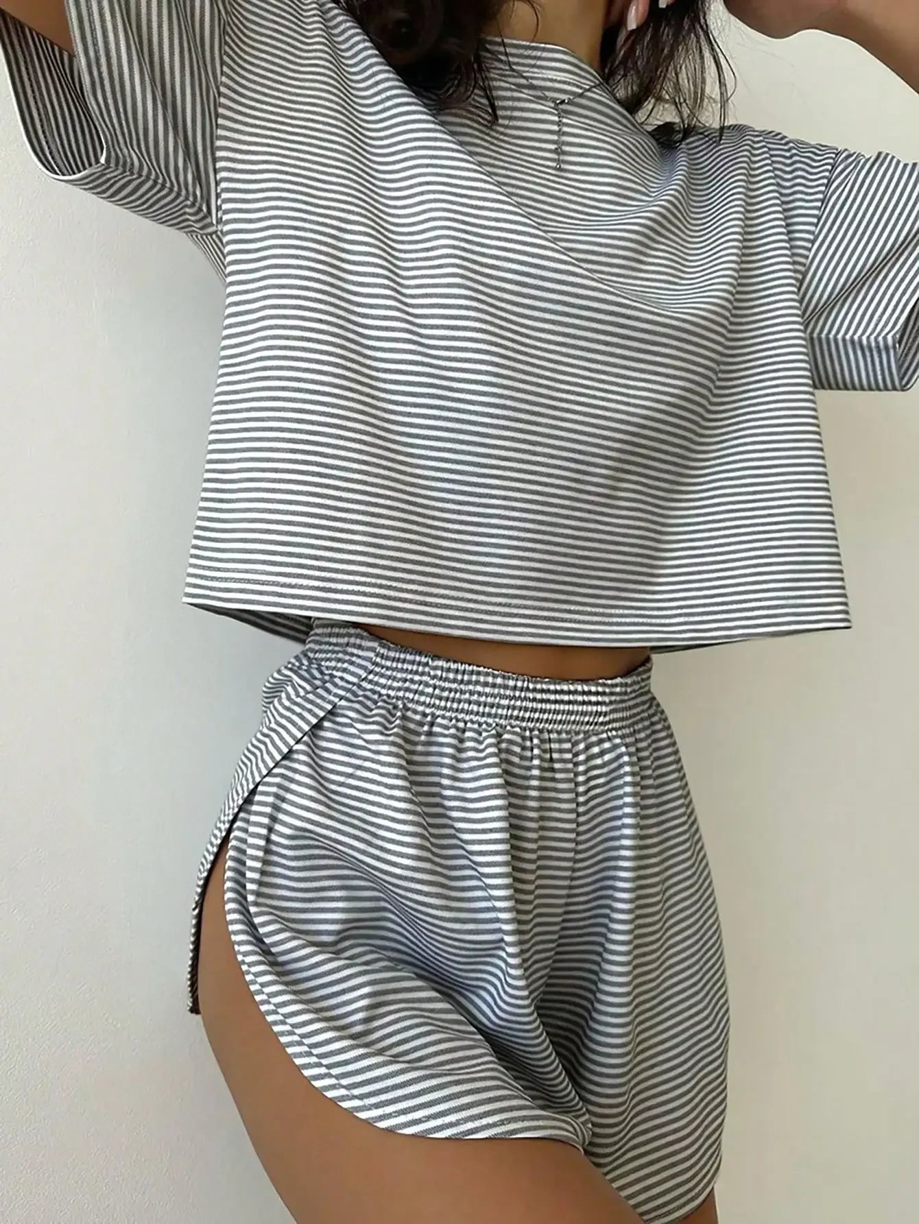 Women's Striped Knit Lounge Co-Ord Set Relaxed Top and Shorts Outfit