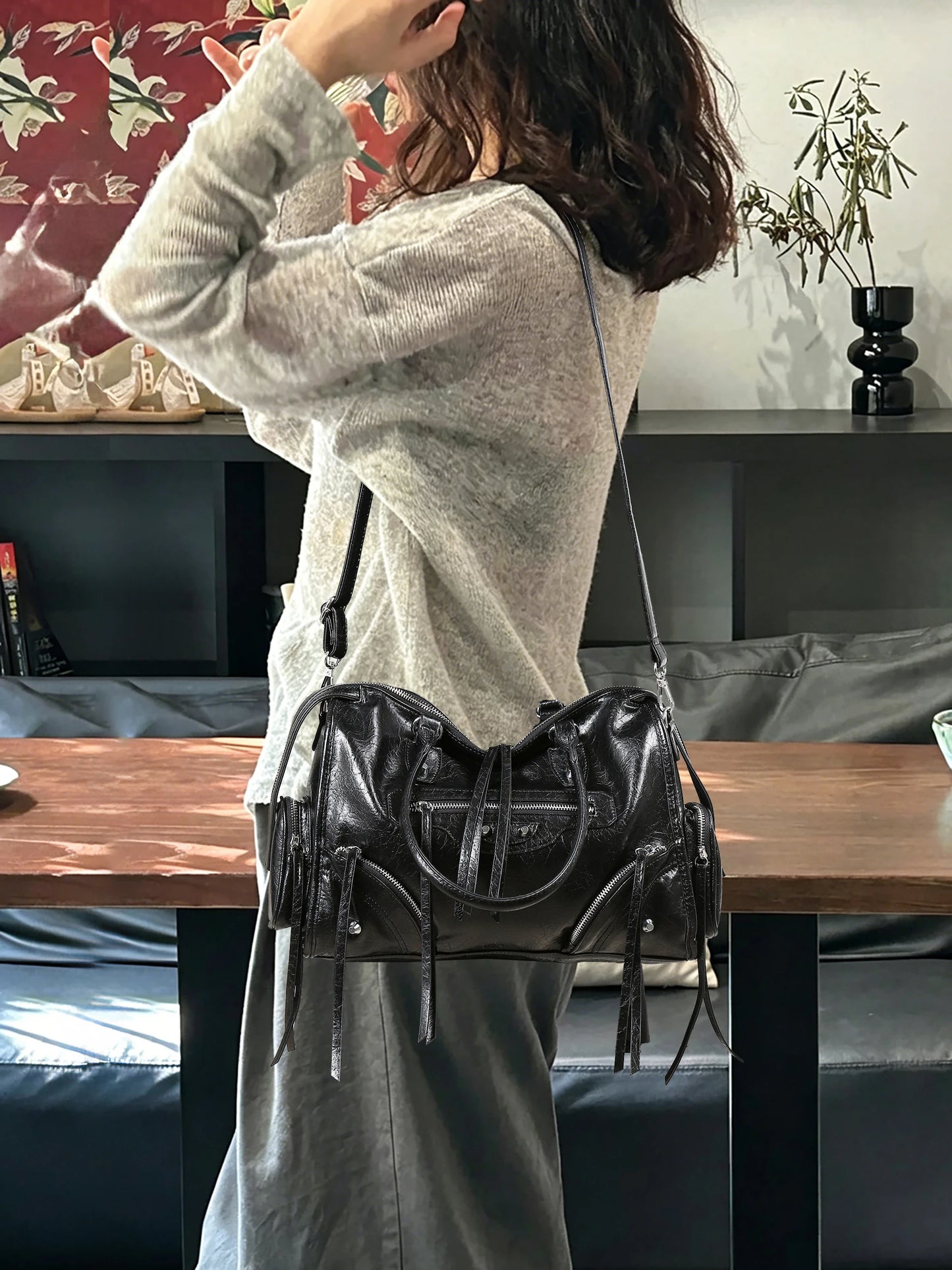 Vintage Inspired Rivet Tote Bag with Tassel Accents Y2K Streetwear Style