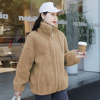 Women's Plush Fleece Zip-Up Jacket with Stand Collar Cozy Streetwear Winter Outerwear