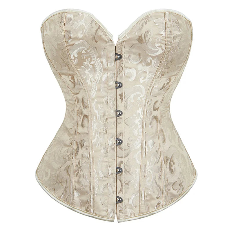 Classic Black Floral Jacquard Overbust Corset with Metal Busk Closure
