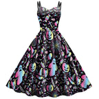 Retro 1950s Swing Dress with Sweetheart Neckline and Bat Print Motif