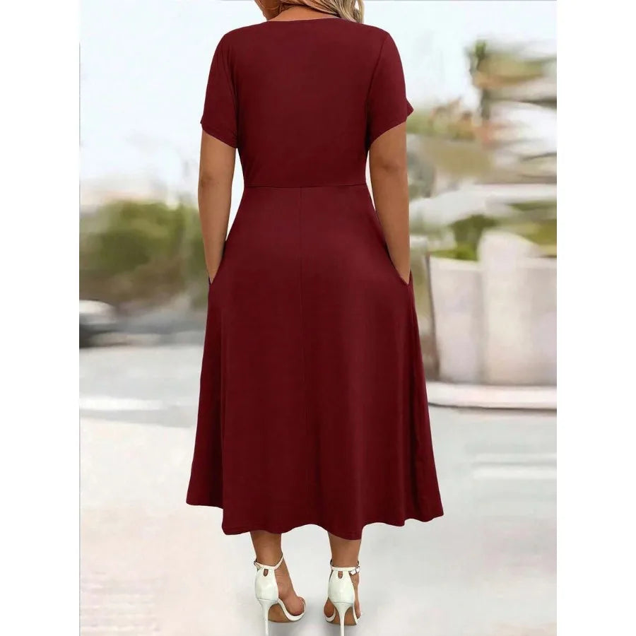 Flowing V Neck Midi Dress With Soft Draped Silhouette
