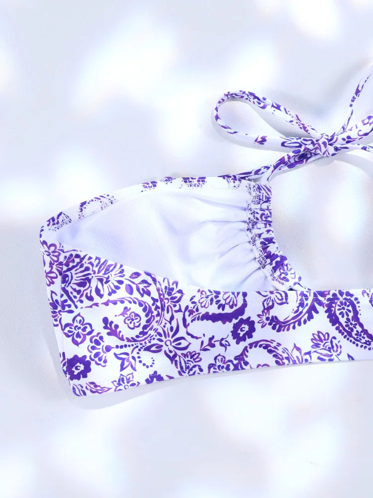Purple Paisley and Floral Print Halter String Bikini