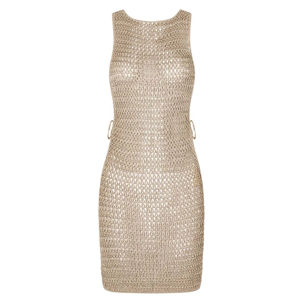 Crochet Knit Sleeveless Mini Dress With Open Back Beachwear Inspired Design