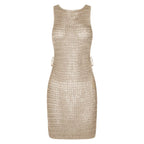 Crochet Knit Sleeveless Mini Dress With Open Back Beachwear Inspired Design