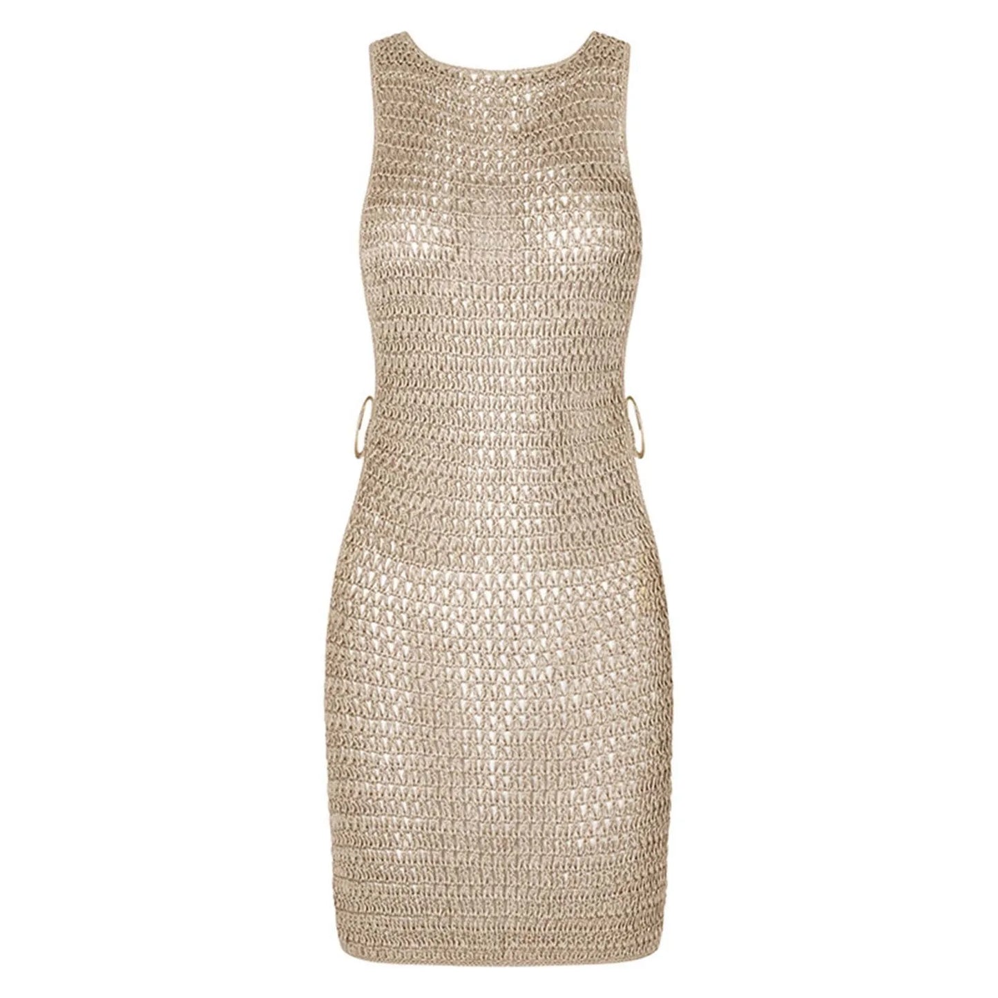 Crochet Knit Sleeveless Mini Dress With Open Back Beachwear Inspired Design