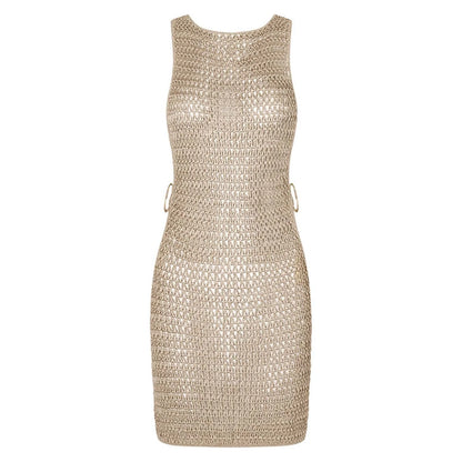 Crochet Knit Sleeveless Mini Dress With Open Back Beachwear Inspired Design