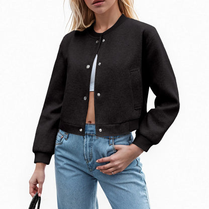 Women's Cropped Button Front Bomber Jacket Relaxed Casual Streetwear Layering Outerwear