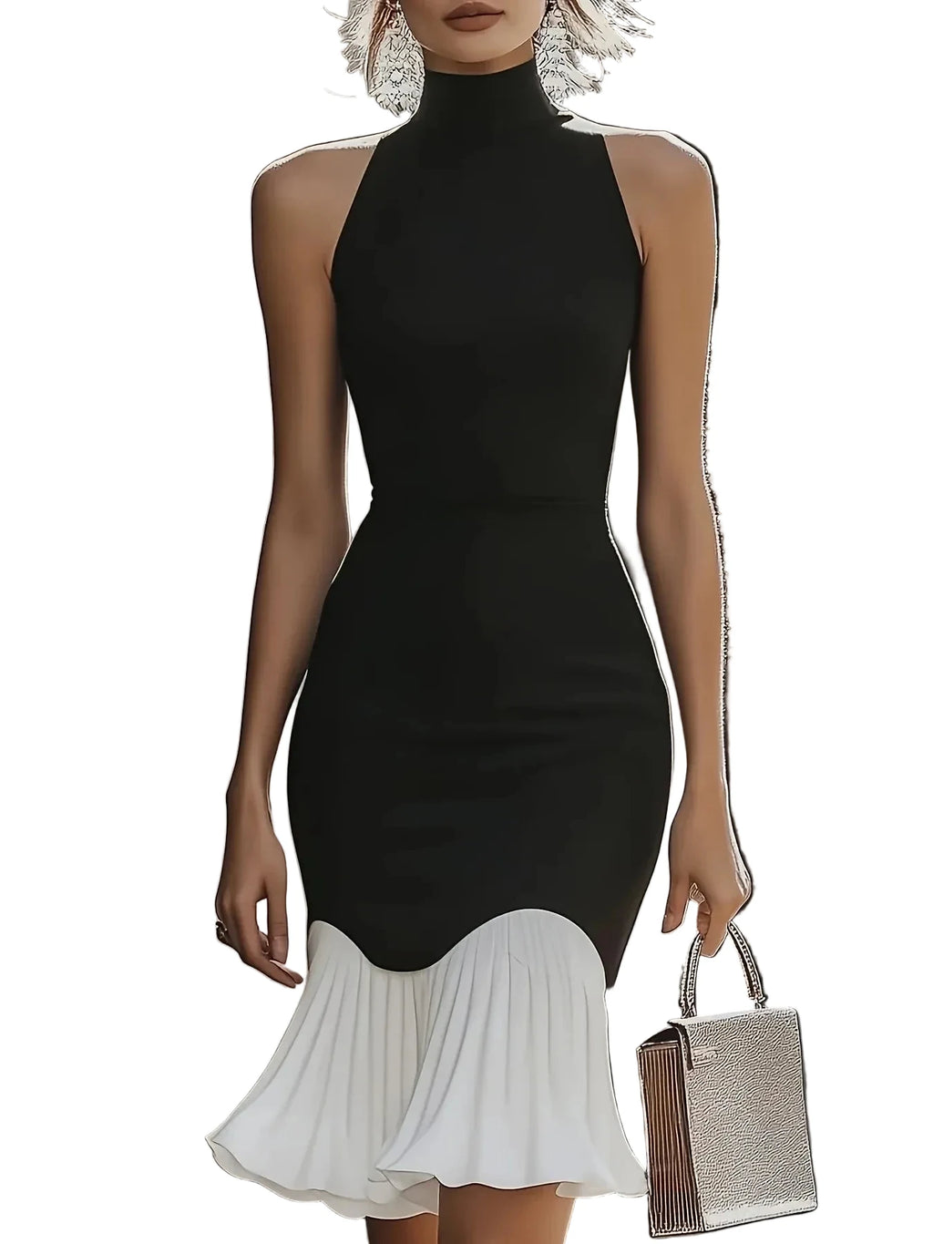 Two-Tone High-Neck Bodycon Midi Dress with Contrasting Pleated Flounce Hem