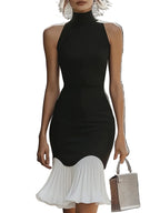 Two-Tone High-Neck Bodycon Midi Dress with Contrasting Pleated Flounce Hem