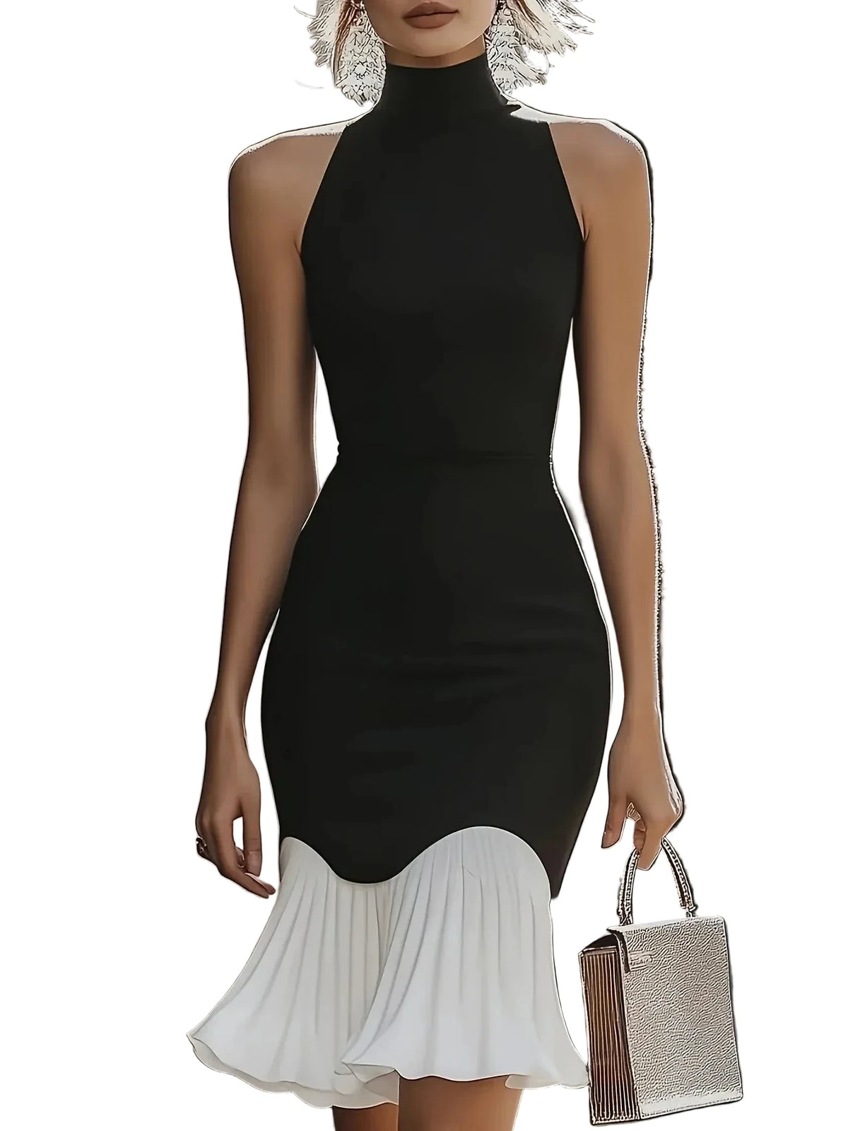 Two-Tone High-Neck Bodycon Midi Dress with Contrasting Pleated Flounce Hem