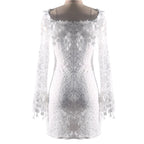 Off Shoulder Lace Detail Bodycon Mini Dress With Sheer Flare Sleeves