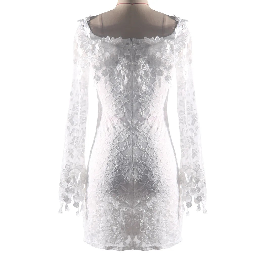 Off Shoulder Lace Detail Bodycon Mini Dress With Sheer Flare Sleeves