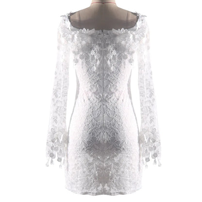 Off Shoulder Lace Detail Bodycon Mini Dress With Sheer Flare Sleeves