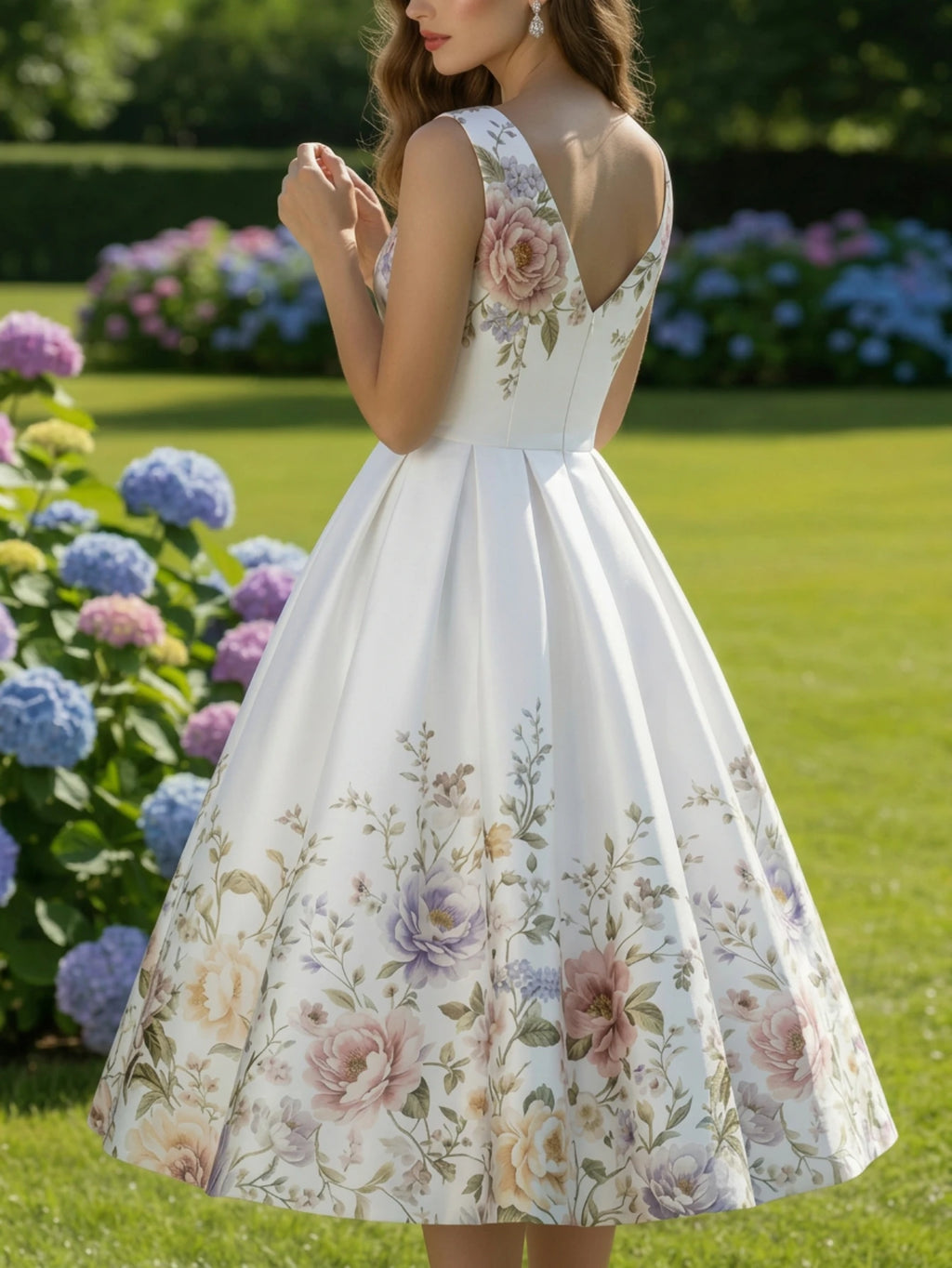 Elegant White Floral Print Swing Dress with V-Neckline and Pleated Skirt