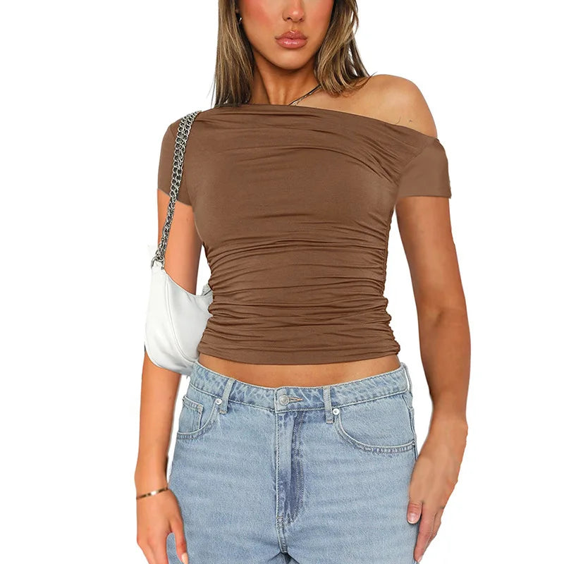 Women's Off Shoulder Ruched Crop Top for Minimalist Casual Streetwear Everyday Fashion Style