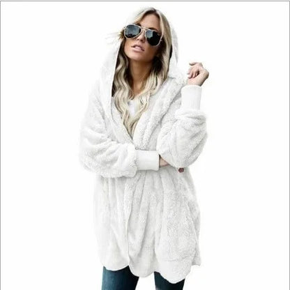 Women's Hooded Plush Fleece Cardigan Open Front Cozy Casual Layering Jacket