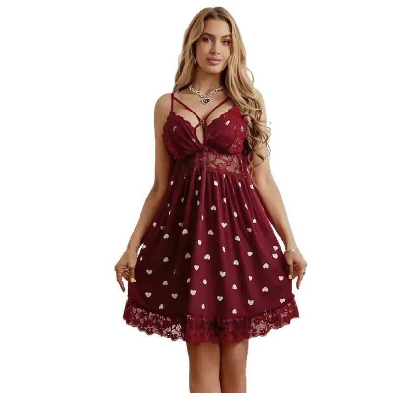 Deep Red Heart Print Silk Nightgown with Strappy Neckline and Lace Trim