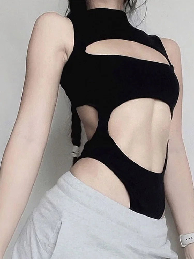 Cutout Sleeveless Bodycon Bodysuit for Gothic Techwear Alternative Fashion