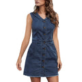 Sleeveless Denim Inspired Button Front Mini Dress with Utility Pocket Details