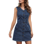 Sleeveless Denim Inspired Button Front Mini Dress with Utility Pocket Details