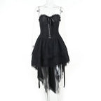 Layered Gothic Mini Dress with Mesh Sleeves and Alternative Fashion Details