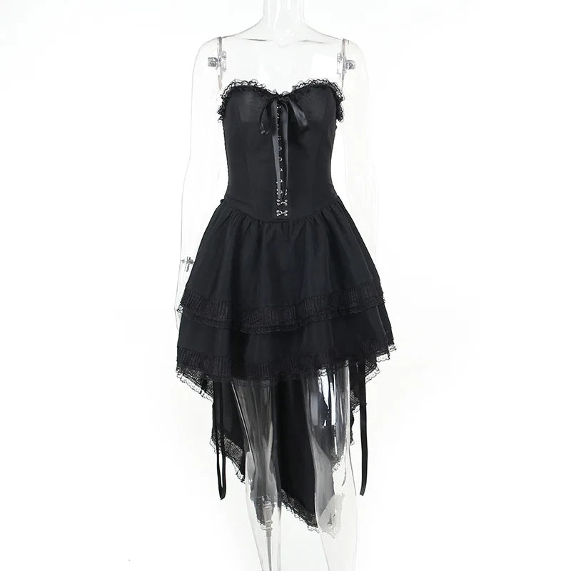 Layered Gothic Mini Dress with Mesh Sleeves and Alternative Fashion Details